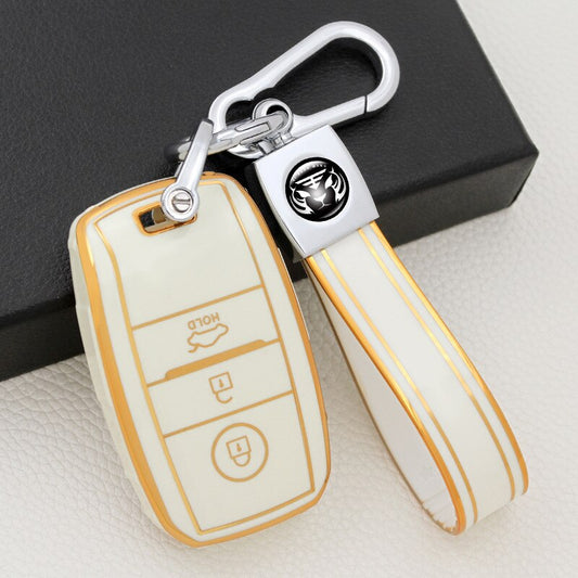 Carsine Kia Car Key Case Golden Edge 3 Buttons / White / Key case + strap
