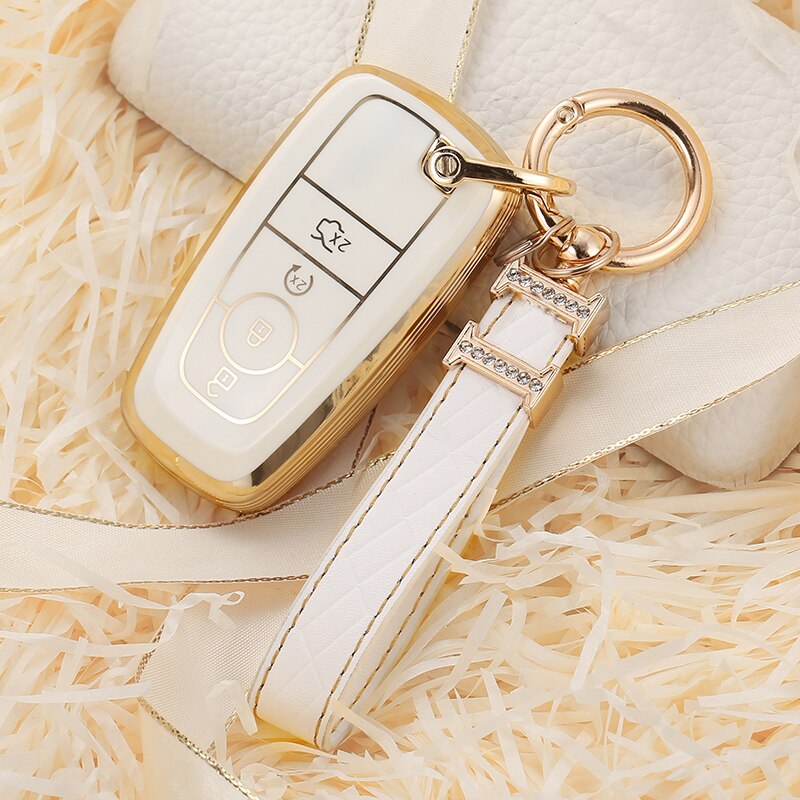 Carsine Ford Car Key Case Golden Edge A / White / Key case + strap