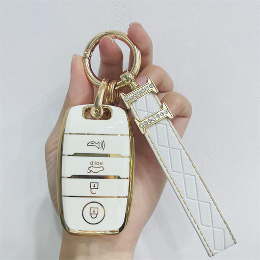 Carsine Kia Car Key Case Golden Edge White / Key case + strap