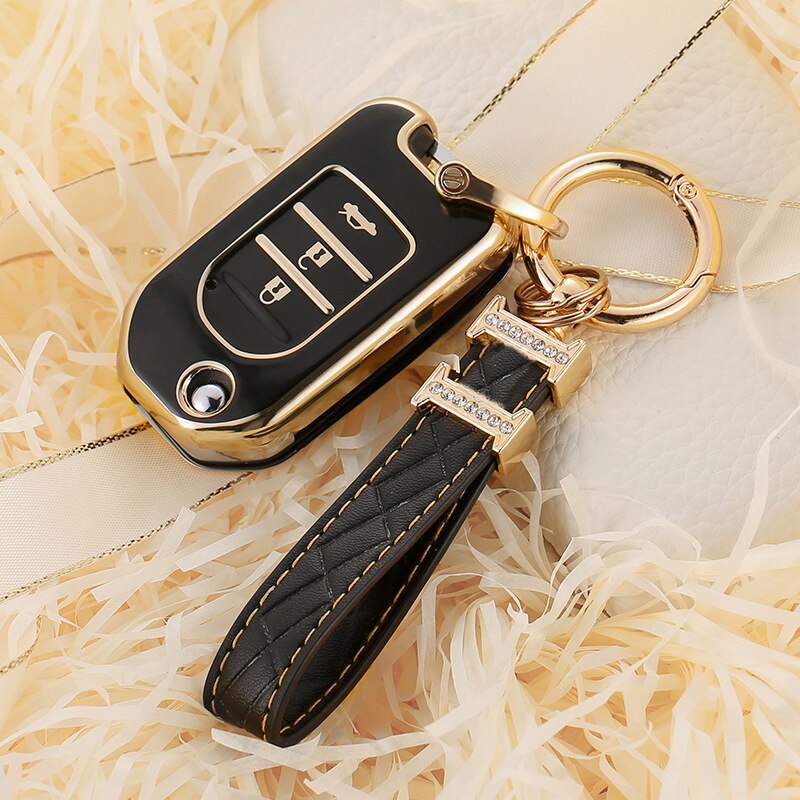 Carsine Honda Acura Car Key Case Golden Edge Black / Key case + strap