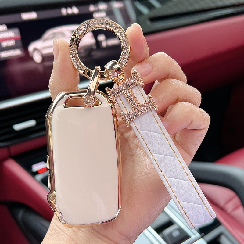 Carsine Kia Car Key Case Golden Edge Gold / White / Key case + strap