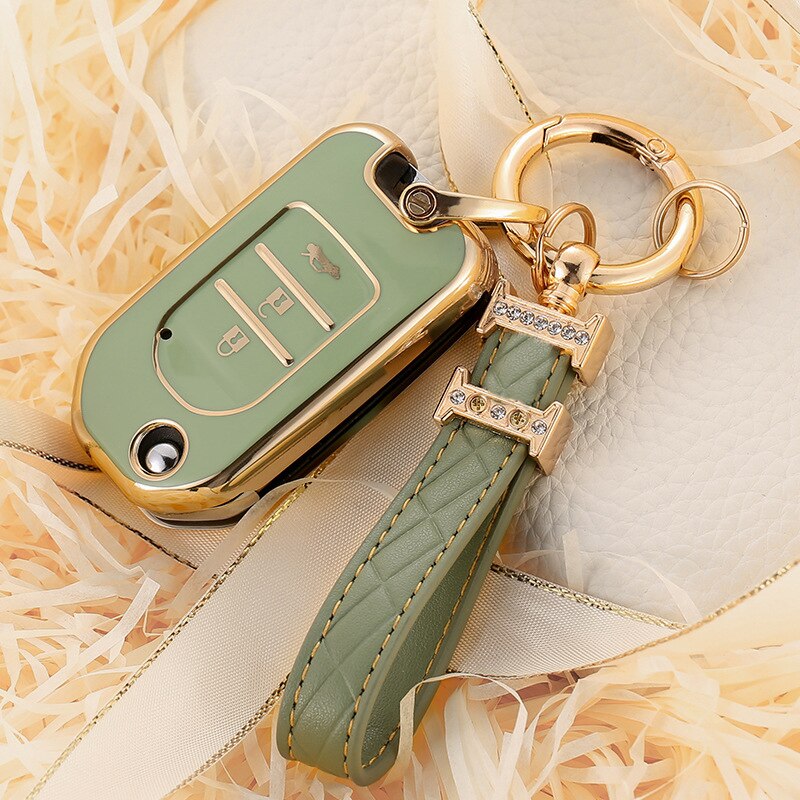 Carsine Honda Acura Car Key Case Golden Edge Green / Key case + strap