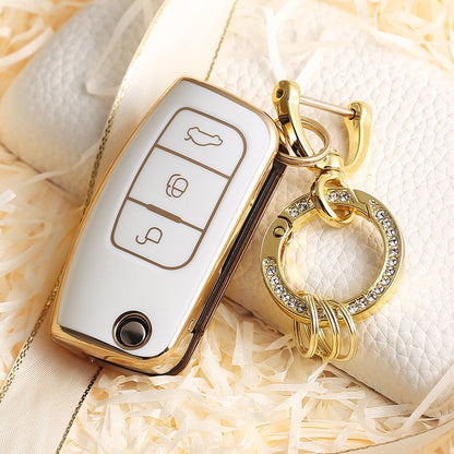 Carsine Ford Car Key Case Golden Edge White / Key case + O chain
