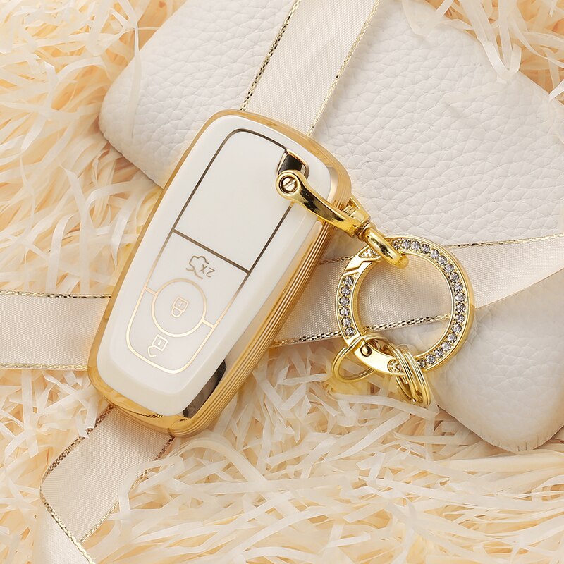 Carsine Ford Car Key Case Golden Edge B / White / Key case + O chain