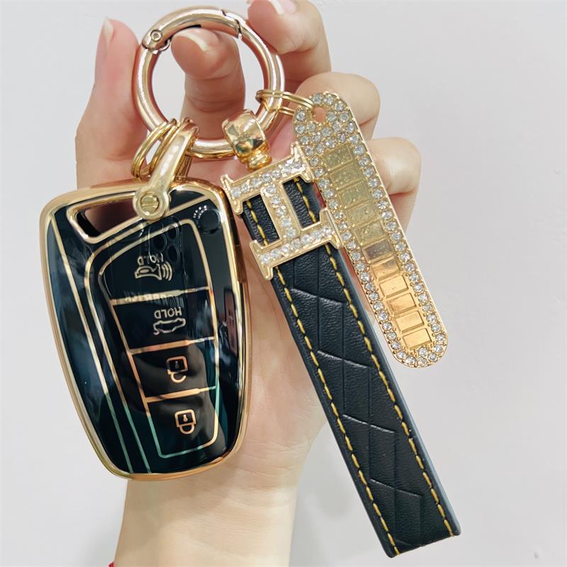 Carsine Hyundai Car Key Case Golden Edge Black / Key case + H strap
