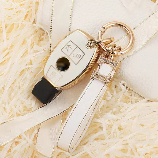 Carsine Mercedes Benz Car Key Case Golden Edge White / Key case + strap