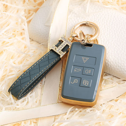 Carsine Land Rover Jaguar Car Key Case Golden Edge Grey / Key case + strap