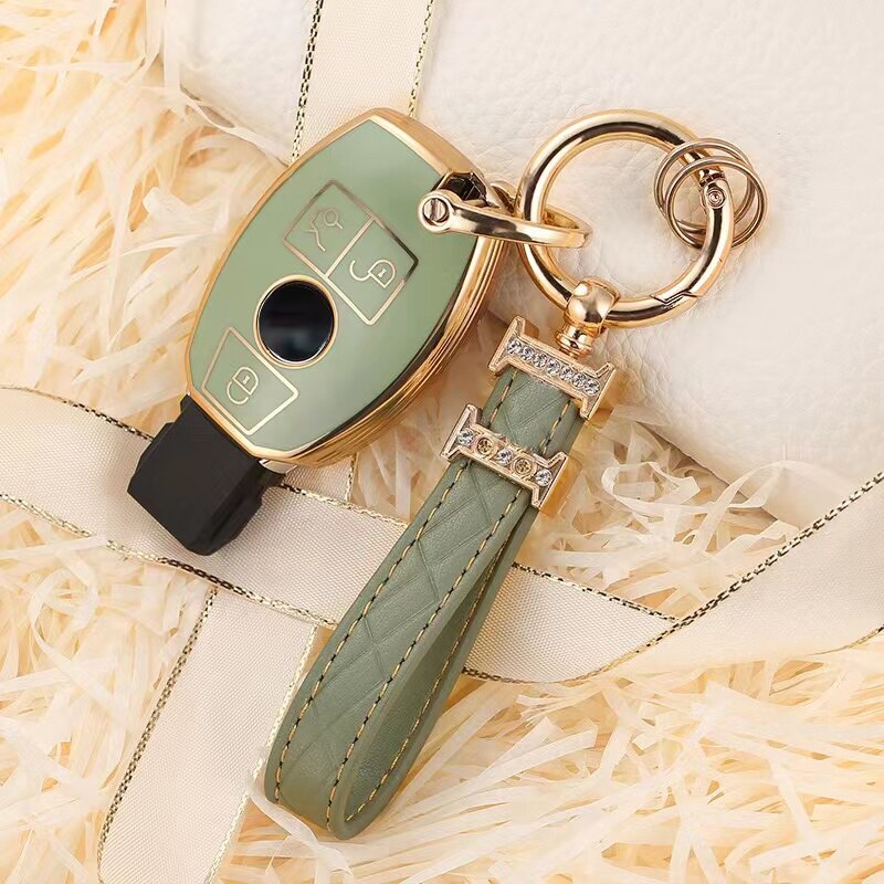 Carsine Mercedes Benz Car Key Case Golden Edge Green / Key case + strap