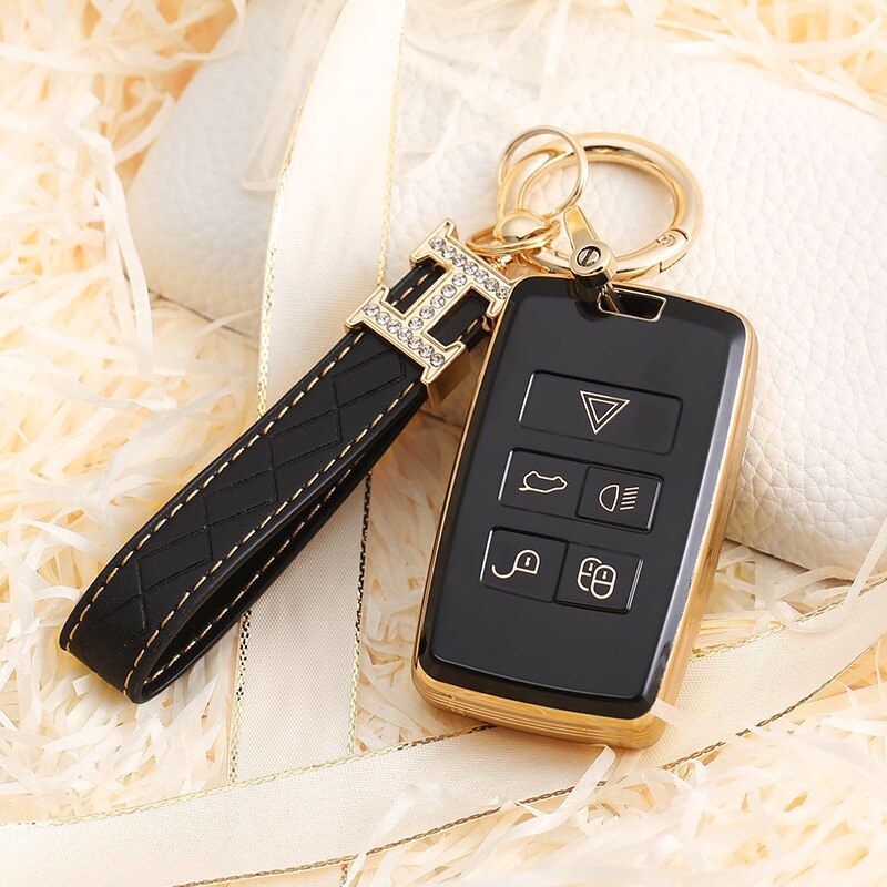 Carsine Land Rover Jaguar Car Key Case Golden Edge Black / Key case + strap