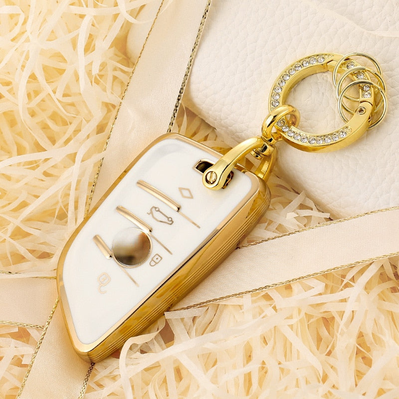 Carsine BMW Car Key Case Golden Edge White / Key case + O chain