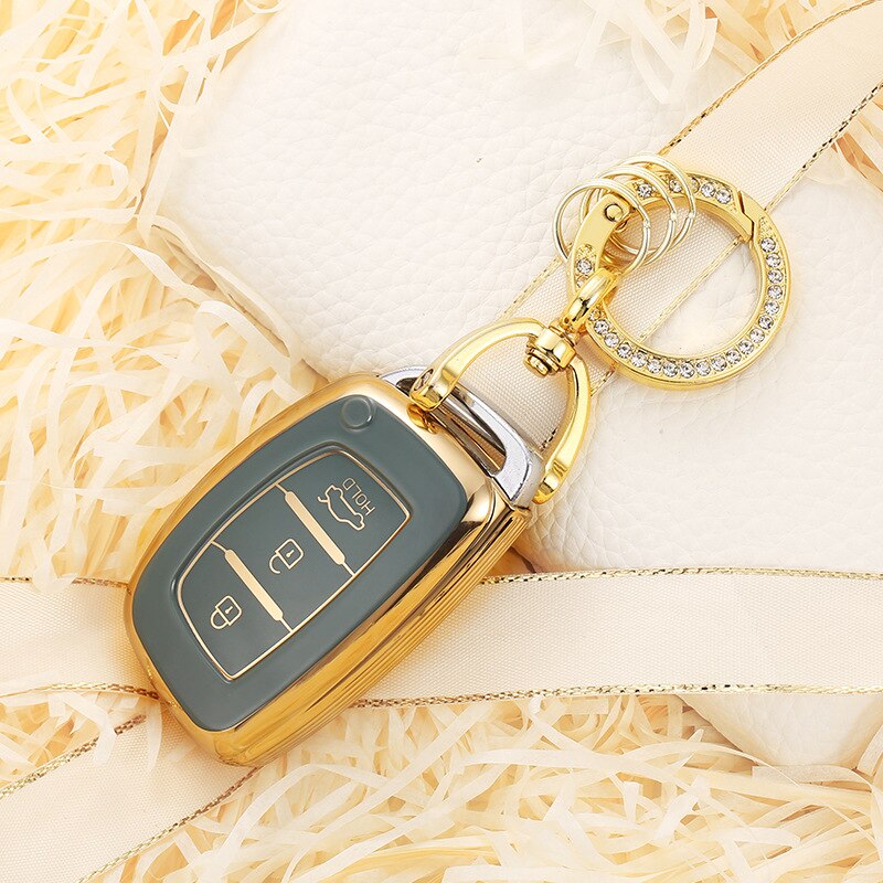 Carsine Hyundai Car Key Case Golden Edge A / Grey / Key case + O chain