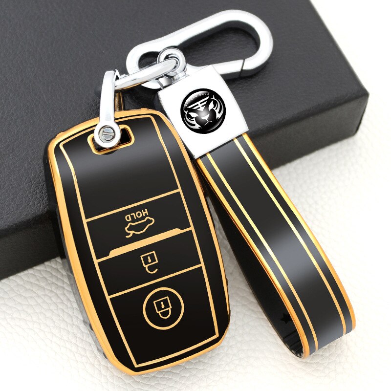 Carsine Kia Car Key Case Golden Edge 3 Buttons / Black / Key case + strap
