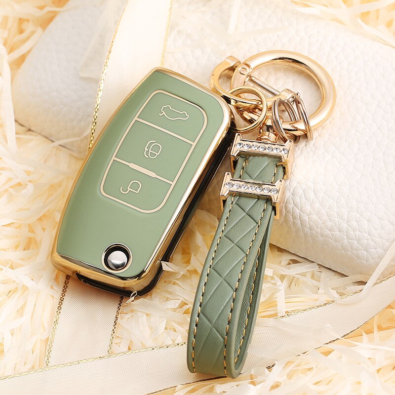 Carsine Ford Car Key Case Golden Edge Green / Key case + strap