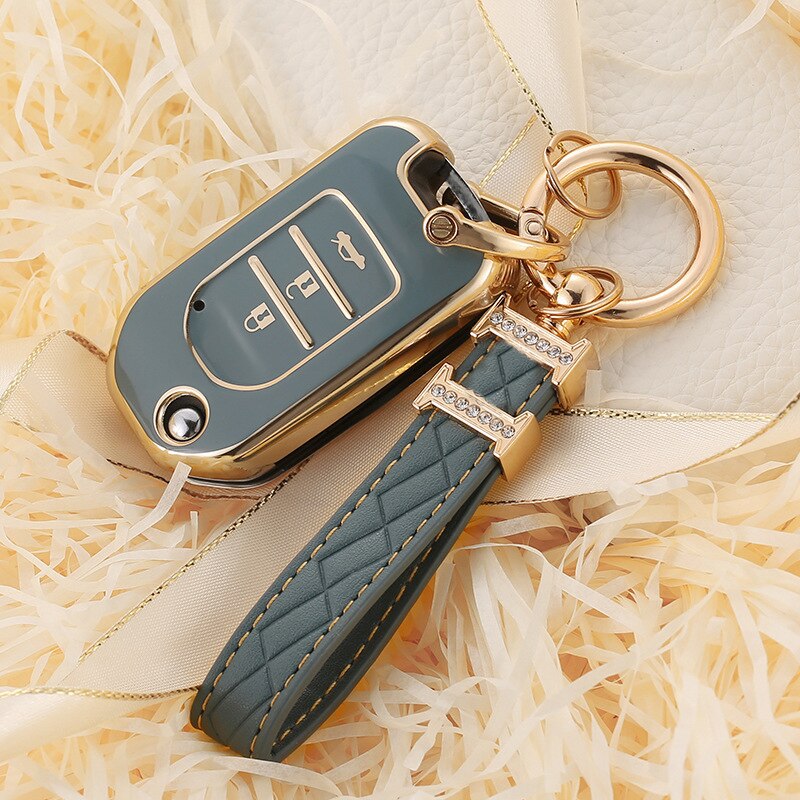 Carsine Honda Acura Car Key Case Golden Edge Grey / Key case + strap