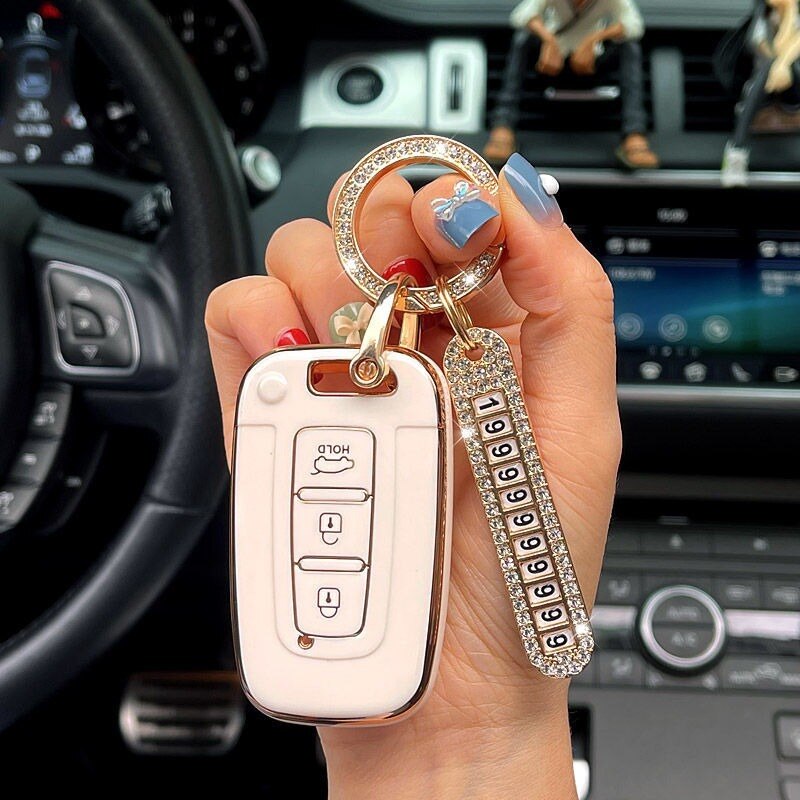 Carsine Hyundai Kia Car Key Case Golden Edge A / White / Key case + O chain