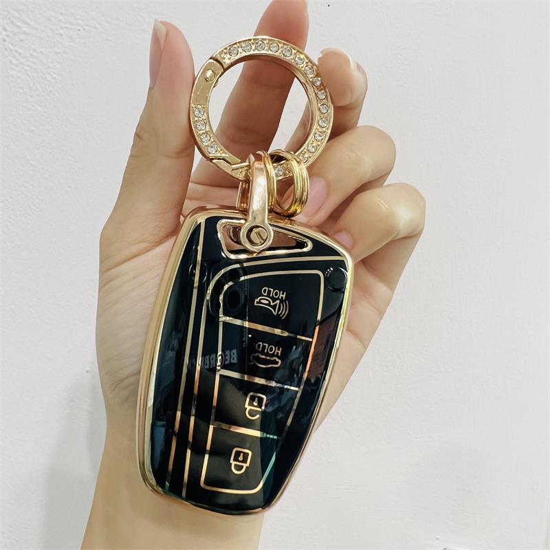 Carsine Hyundai Car Key Case Golden Edge Black / Key case + O chain