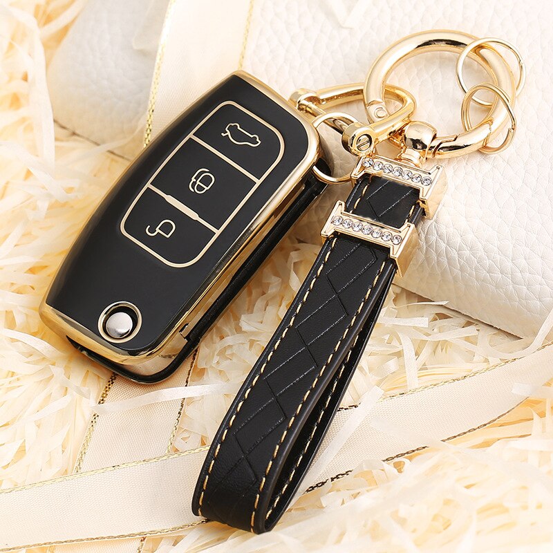 Carsine Ford Car Key Case Golden Edge Black / Key case + strap