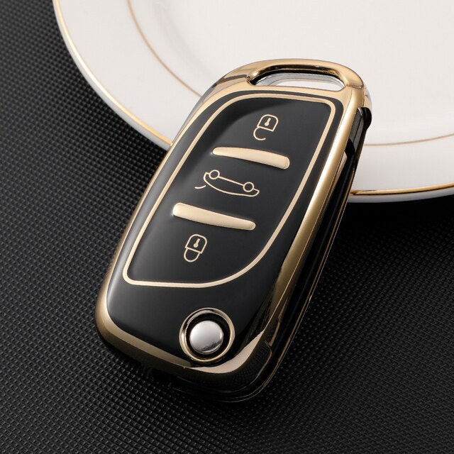 Carsine Citroen Peugeot Car Key Case Golden Edge 3 Buttons / Black