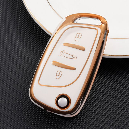 Carsine Citroen Peugeot Car Key Case Golden Edge 3 Buttons / White