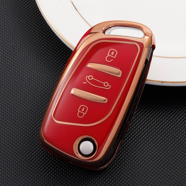 Carsine Citroen Peugeot Car Key Case Golden Edge 3 Buttons / Red