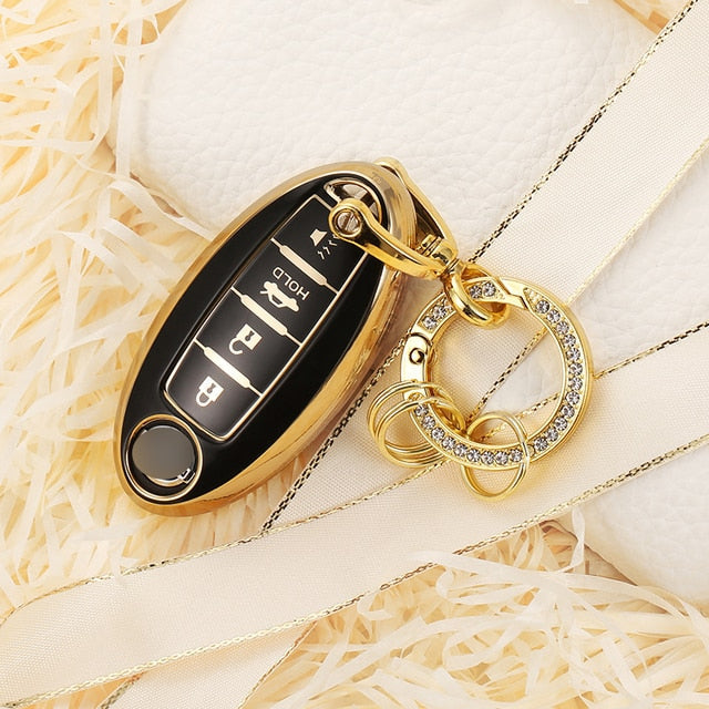 Carsine Nissan Car Key Case Golden Edge D / Black / Key case + O chain