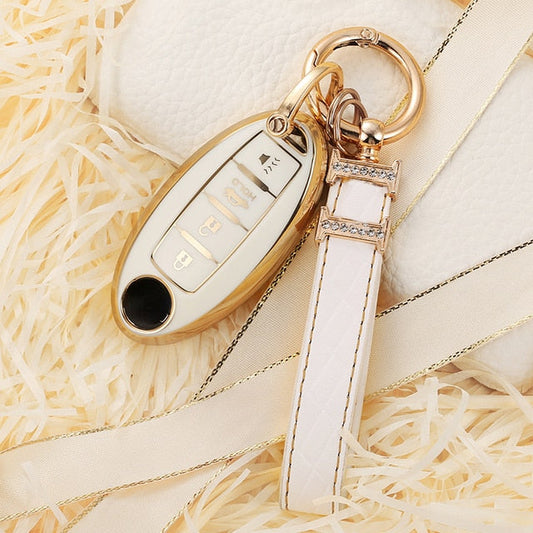 Carsine Nissan Car Key Case Golden Edge D / White / Key case + strap