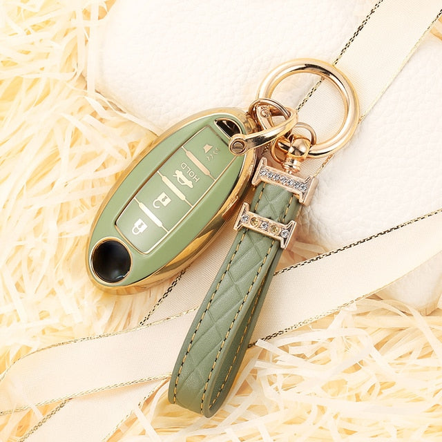 Carsine Nissan Car Key Case Golden Edge D / Green / Key case + strap