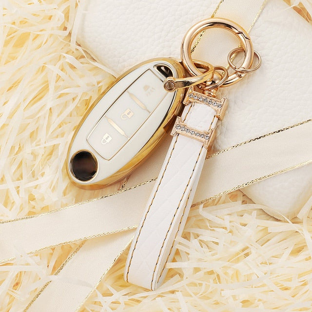 Carsine Nissan Car Key Case Golden Edge C / White / Key case + strap