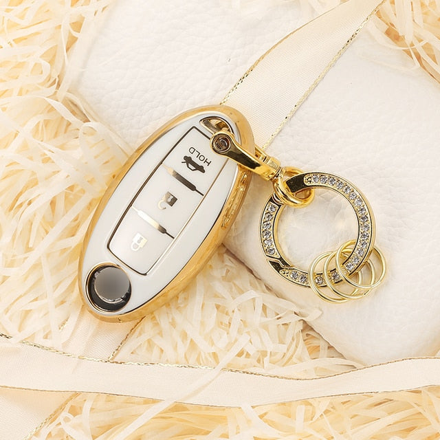 Carsine Nissan Car Key Case Golden Edge B / White / Key case + O chain