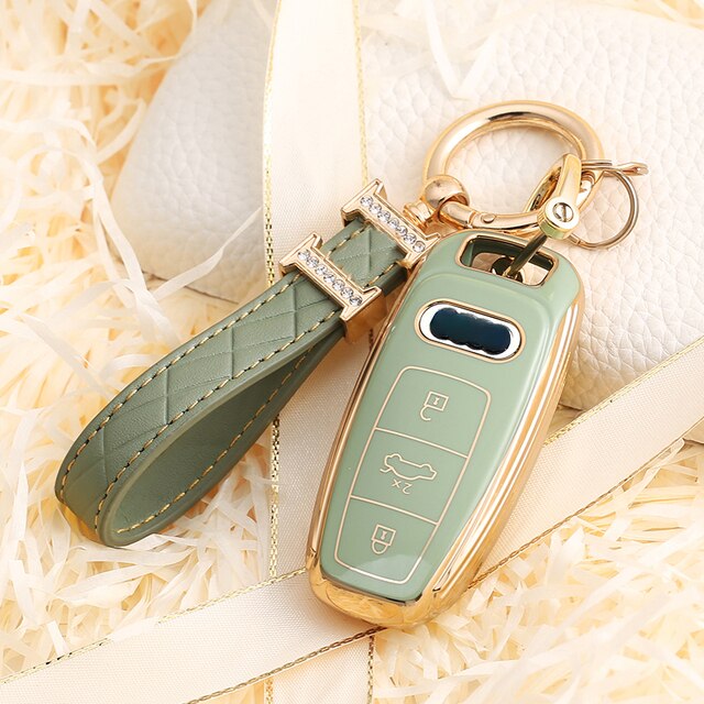 Carsine Audi Car Key Case Golden Edge Green / Key case + strap