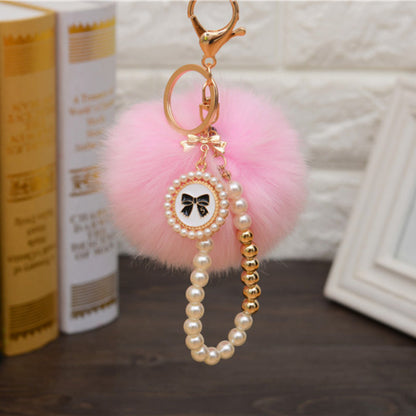 Carsine Fluff Ball Bow Pearl Chain Keychain Pink