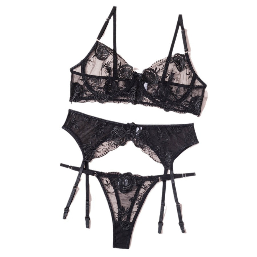 See-through embroidered flower sexy lingerie three-piece set G string Thong