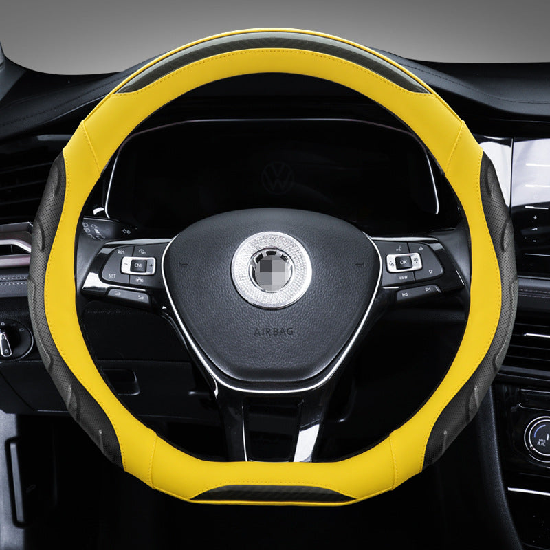 Carsine Leather Carbon Fiber Car Steering Wheel Cover Yellow / D-shaped