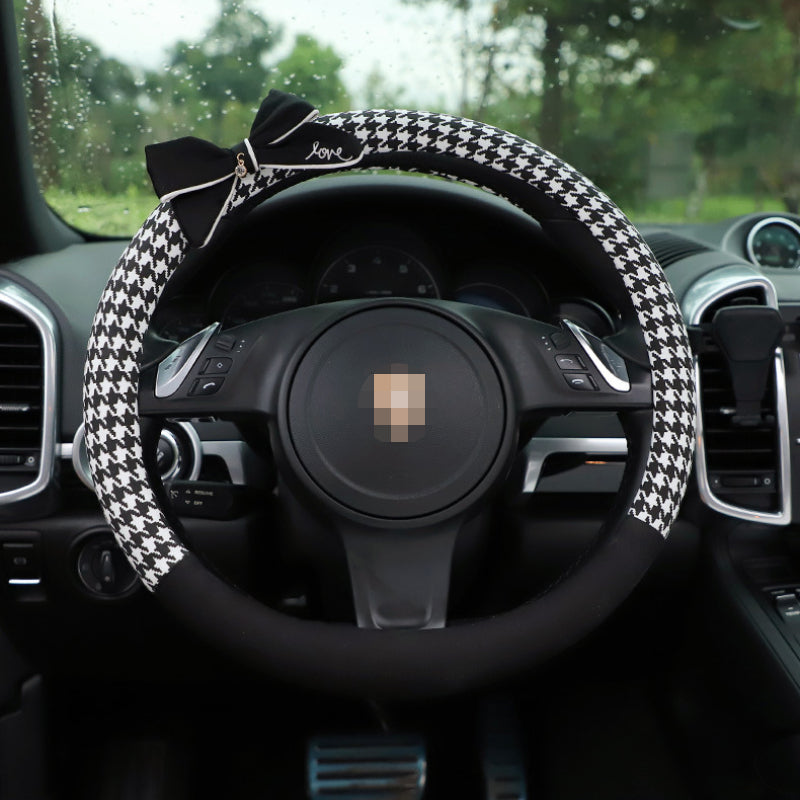 Carsine Houndstooth Bow Car Seat Belt Shoulder Cover Steering Wheel Cover(38cm)