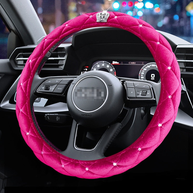Carsine Crown Rhinestone Plush Steering Wheel Cover Pink / 14.96 in / 38cm