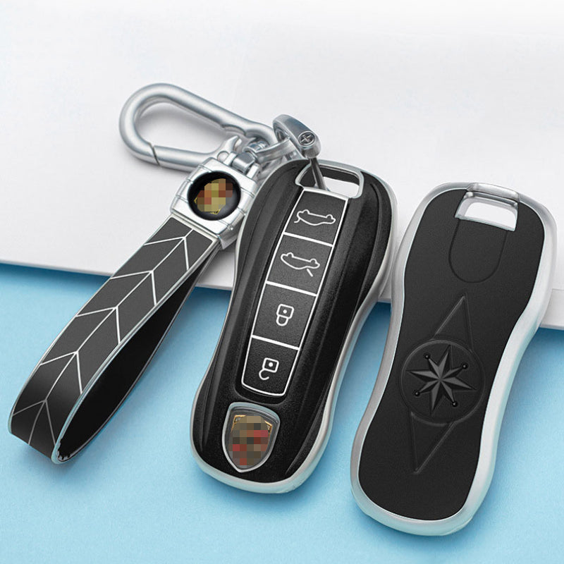 Carsine Porsche Car Key Case Silver Edge 4 Buttons / Black / Key case + strap