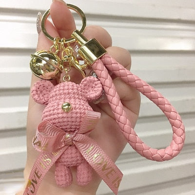Carsine Braided Bear Keychain Pendant Pink bear