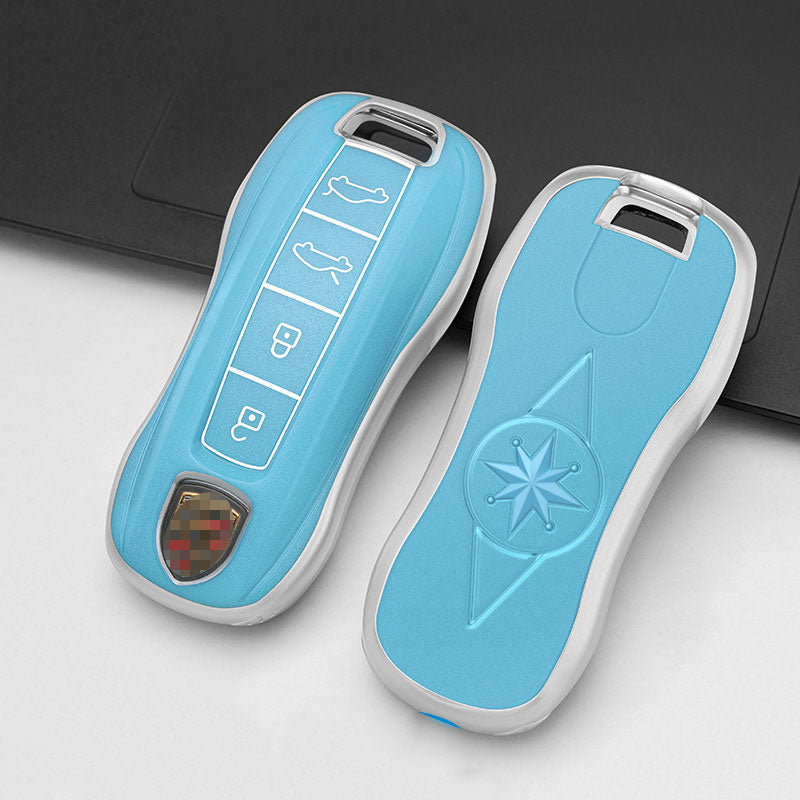 Carsine Porsche Car Key Case Silver Edge 4 Buttons / Blue / Key case