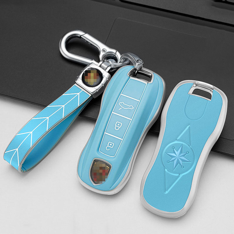 Carsine Porsche Car Key Case Silver Edge 3 Buttons / Blue / Key case + strap