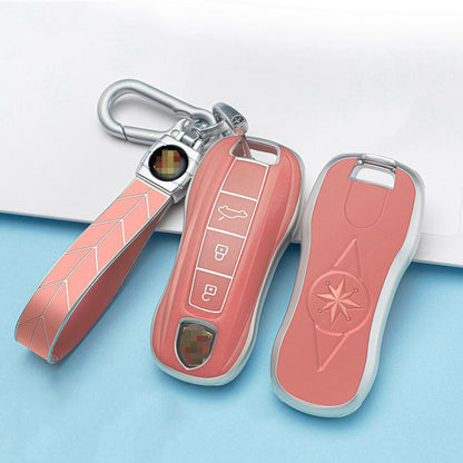 Carsine Porsche Car Key Case Silver Edge 3 Buttons / Pink / Key case + strap