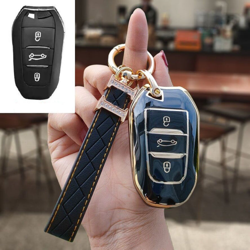 Carsine Citroen Peugeot Car Key Case Golden Edge Black / Key case + strap