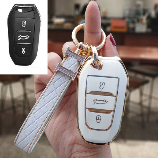 Carsine Citroen Peugeot Car Key Case Golden Edge White / Key case + strap