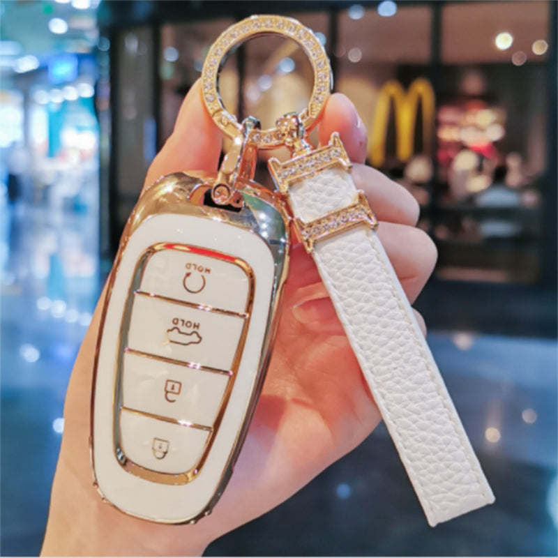 Carsine Hyundai Car Key Case Golden Edge White / Key case + strap