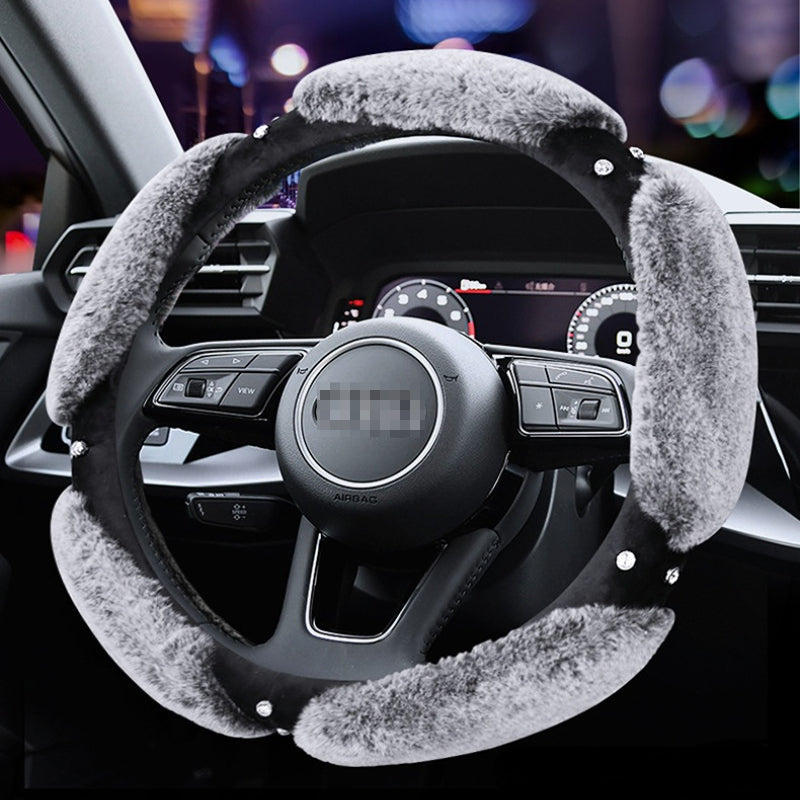 Carsine Rhinestone Plush Steering Wheel Cover Grey / 14.96 in / 38cm