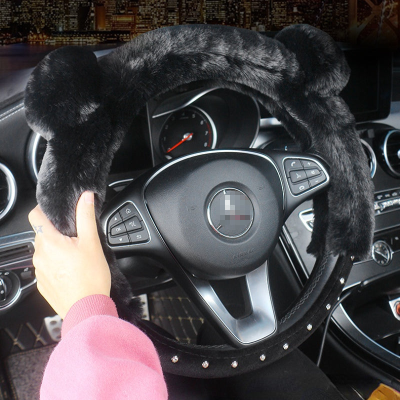 Carsine Rhinestone Plush Steering Wheel Cover Black / 14.96 in / 38cm