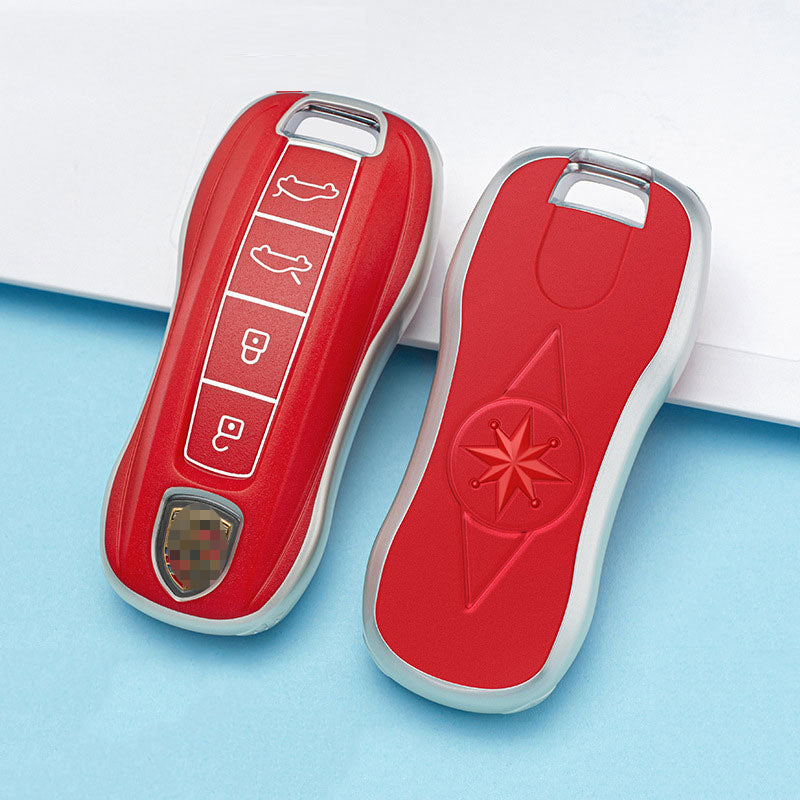 Carsine Porsche Car Key Case Silver Edge 4 Buttons / Red / Key case