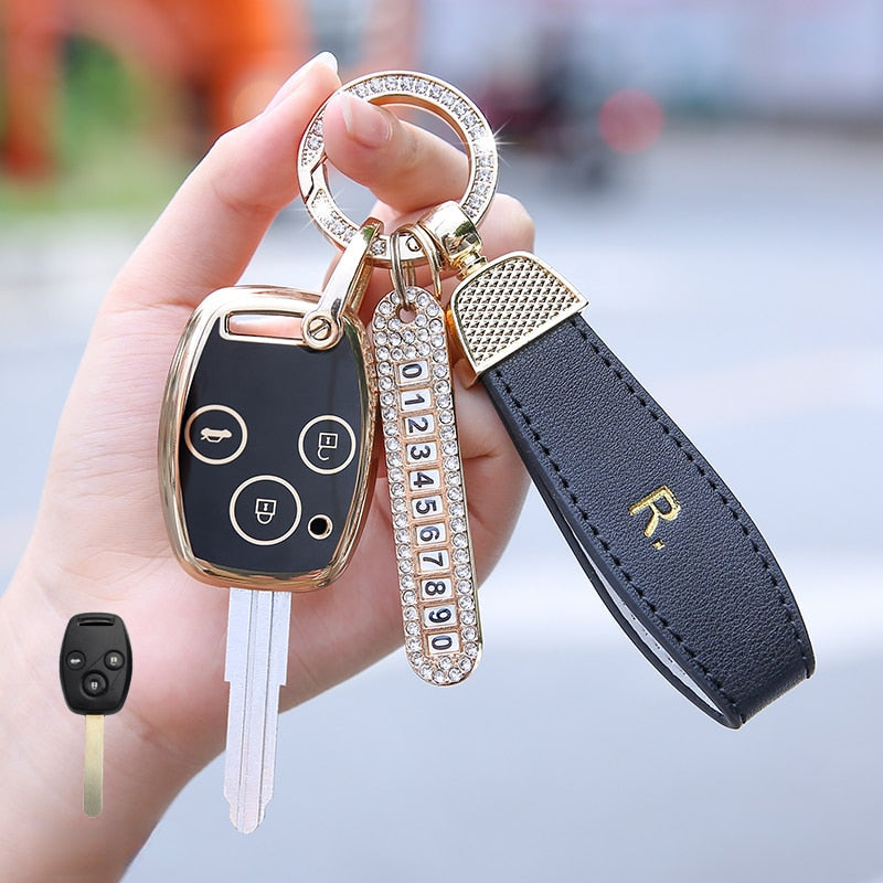 Carsine Honda Car Key Case Golden Edge 3 Buttons / Black / Key case + strap