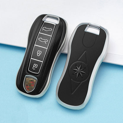 Carsine Porsche Car Key Case Silver Edge 4 Buttons / Black / Key case