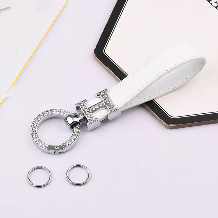 Carsine Leather Rhinestones Key Strap Silver Edge White