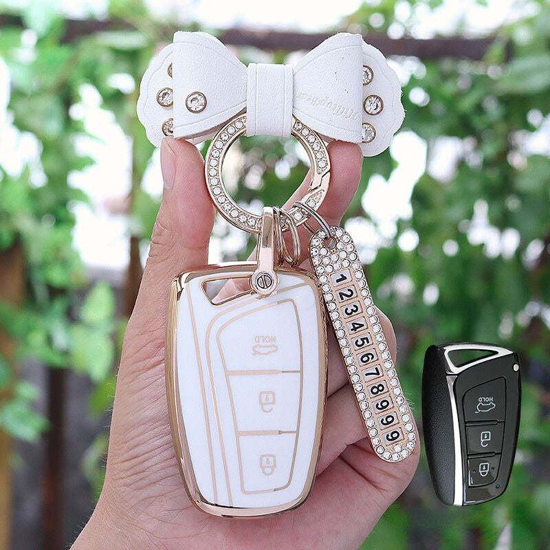 Carsine Hyundai Car Key Case Golden Edge White / Key case + B strap